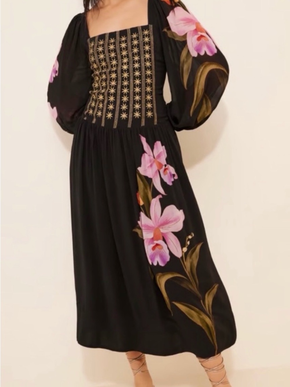 FARM Rio Black Midi Dress with Pink Floral Print